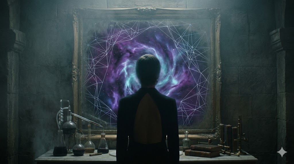 薄暗い洗面所で鏡を見つめる人物のシルエット。鏡の中の顔が青紫色の光の渦へと溶け出し、視覚バグが生じている様子。