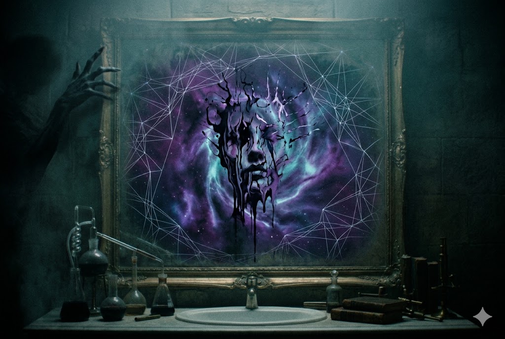 鏡の中の自分の顔がインクのように溶け、パーツがバラバラに分離していく一人称視点の不気味な光景。