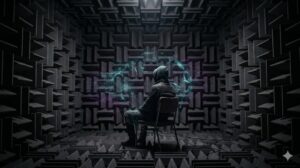 無響室のくさび型吸音材に囲まれて座る人物。静寂の中で脳が作り出したシアン色のノイズや神経回路の模様が、人物の周囲に漂っているイメージ。