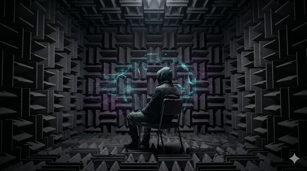 無響室のくさび型吸音材に囲まれて座る人物。静寂の中で脳が作り出したシアン色のノイズや神経回路の模様が、人物の周囲に漂っているイメージ。