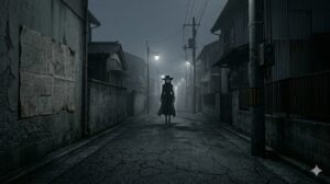 夕暮れの通学路に現れる女性のシルエット、口裂け女の噂が生成した恐怖の視覚的象徴と空間の歪み。