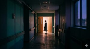薄暗い廊下の奥から柔らかな光が差し込み、境界線に佇むぼやけた人影のシルエット