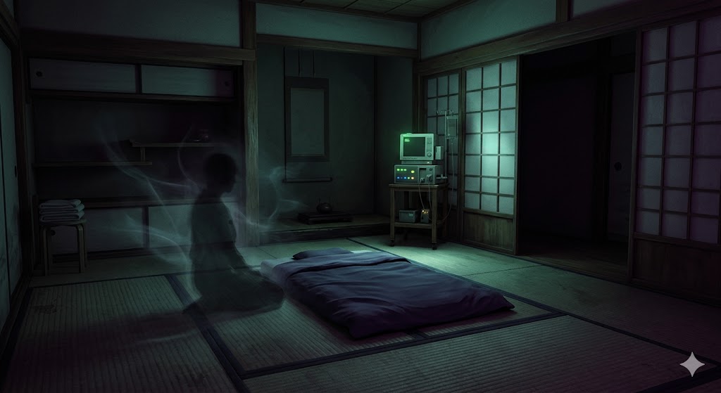 医療機器の微かな光に照らされた夜の病室で、布団の傍らに佇む半透明の静かな人影の気配