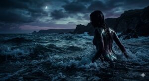夕闇の海面から半分姿を現した、鱗を持つ人魚のようなシルエットが、月明かりを反射して青白く浮かび上がっている様子。