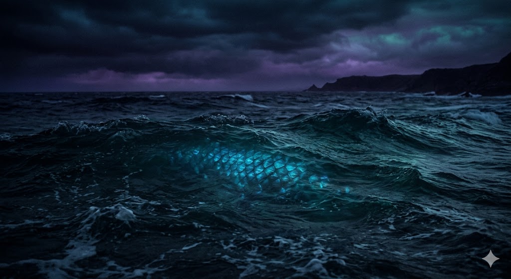 夜の海面下で鈍い水色の光を放つ鱗のようなものが、不気味に揺らめきながら潜んでいる様子。