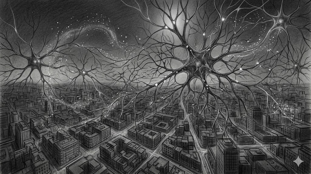 都市の夜景を駆け巡る恐怖の感染ネットワーク、社会的伝播による噂の拡散メカニズム。