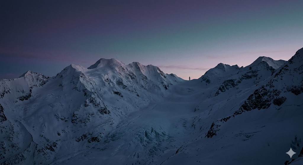 夕闇に包まれる手つかずの広大な雪山。遥か彼方にぼんやりと浮かぶ小さな影が、科学では割り切れない未解明の余韻を暗示している。