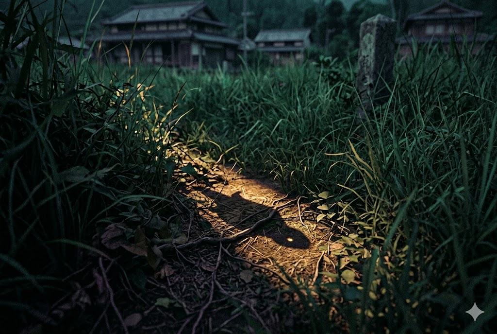 夏の夕暮れの草むらを覗き込む一人称視点。不自然に太短い未知の生物の影が夕日に照らされている描写