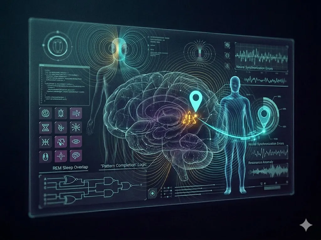 脳のホログラム断面図。側頭頭頂接合部（TPJ）が警告色に光り、自分の位置を示す「ピン」が体外の空間に重複して投影されている座標エラーのメカニズム図解。