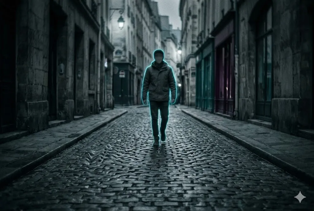 薄暗い通りを歩く一人称視点。前方から自分と同じ姿をした人物が歩み寄ってくる遭遇の瞬間。視界が目眩のように歪み、存在の不確かさを強調する粒子感のある描写。