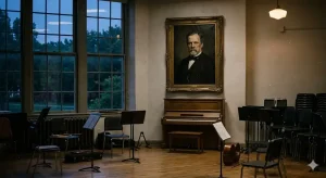 音楽室に飾られたベートーベンの肖像画と薄暗い廊下