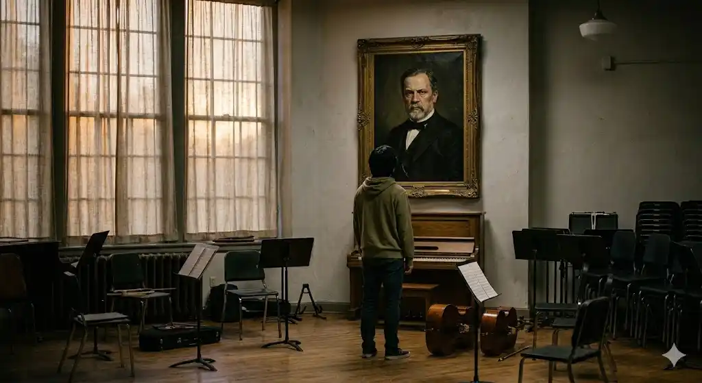放課後の音楽室で肖像画を見上げる生徒の後ろ姿