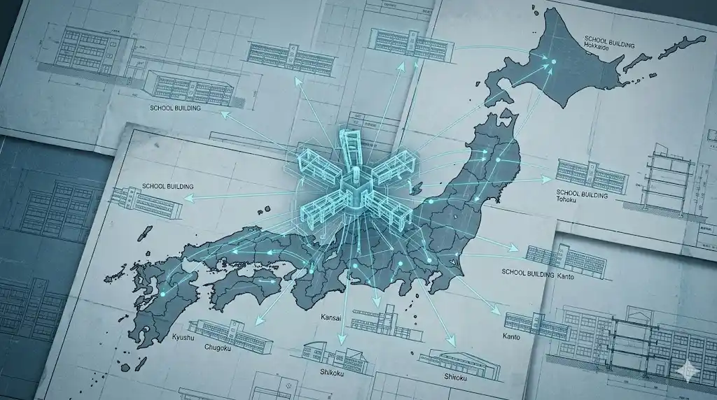 民俗学の話型が全国の学校へ伝播する構造を示した概念図。中心の鋳型から矢印が広がり、各地で同じ怪談が生まれる様子。
