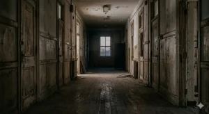 薄暗い旧校舎の廊下に差し込む夕暮れの光。古びた木の床と錆びた扉が連なる。人の姿はなく、廊下の奥だけが暗い。