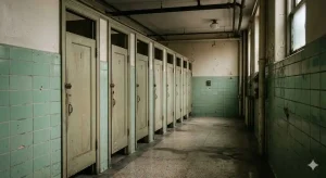 古い学校トイレの薄暗い廊下、くすんだ緑のタイルと並ぶ個室のドア