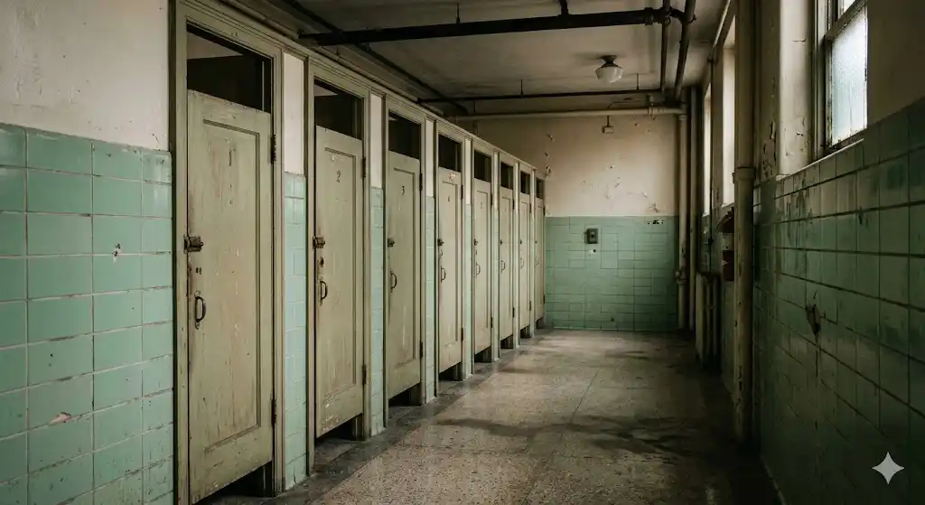 古い学校トイレの薄暗い廊下、くすんだ緑のタイルと並ぶ個室のドア