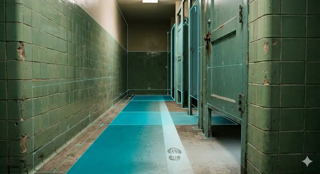学校トイレの平面図に個室配置と利用頻度の分布を示したブループリント図解