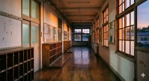 夕暮れ時の誰もいない学校の廊下。窓から差し込むオレンジ色の光が床に長い影を落としている、放課後の校舎の情景。