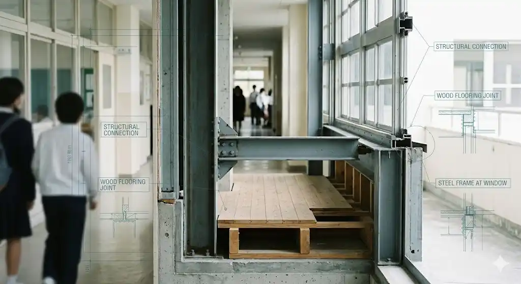学校建築の構造を示す図解。鉄骨・木材・金属サッシなどの建材の継ぎ目が、廊下や教室の構造の中に強調されて描かれている。