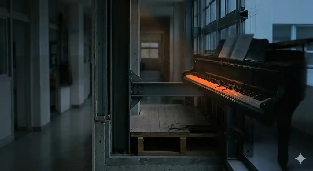 夕暮れの音楽室。窓から橙色の光が差し込み、グランドピアノの鍵盤に影が落ちている。誰もいないのに何かが起きそうな静けさ。
