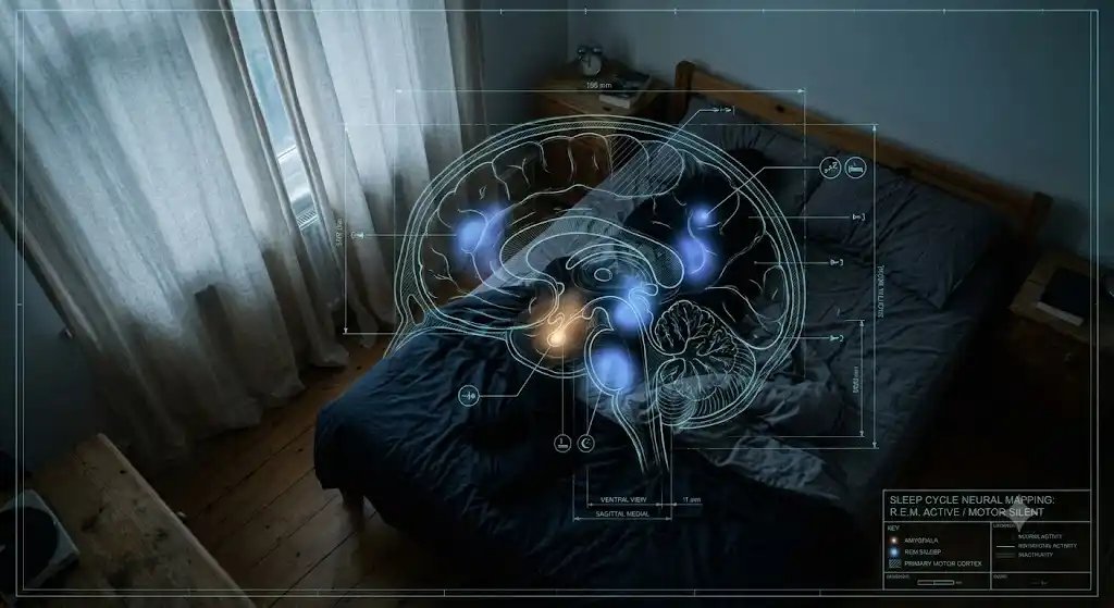 睡眠麻痺の発生機序図——REM睡眠・覚醒・運動麻痺の切り替えタイミングのずれを示す構造図