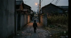 昭和54年の夕暮れ時、薄暗い路地を急ぎ足で歩く子どもの後ろ姿。口裂け女の噂が広まった1979年の日本の空気感を表す