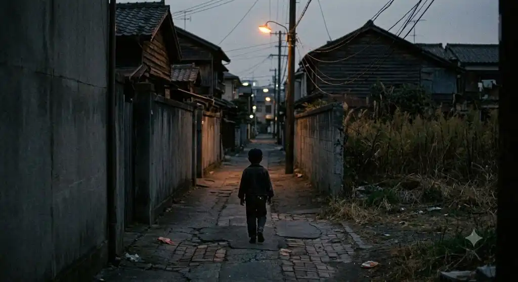 昭和54年の夕暮れ時、薄暗い路地を急ぎ足で歩く子どもの後ろ姿。口裂け女の噂が広まった1979年の日本の空気感を表す