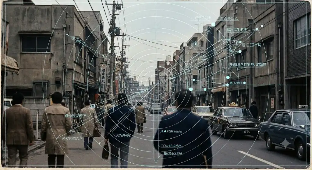 1979年の日本における核家族化・塾通いの増加・電話普及・オイルショック後の不安が重なり口裂け女が発生した社会構造の概念図
