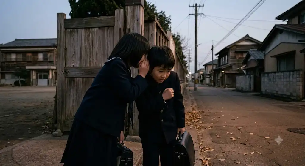 昭和の小学校帰り、友人から耳打ちで噂を聞く子どもたちの情景。口裂け女の伝聞連鎖が始まる瞬間