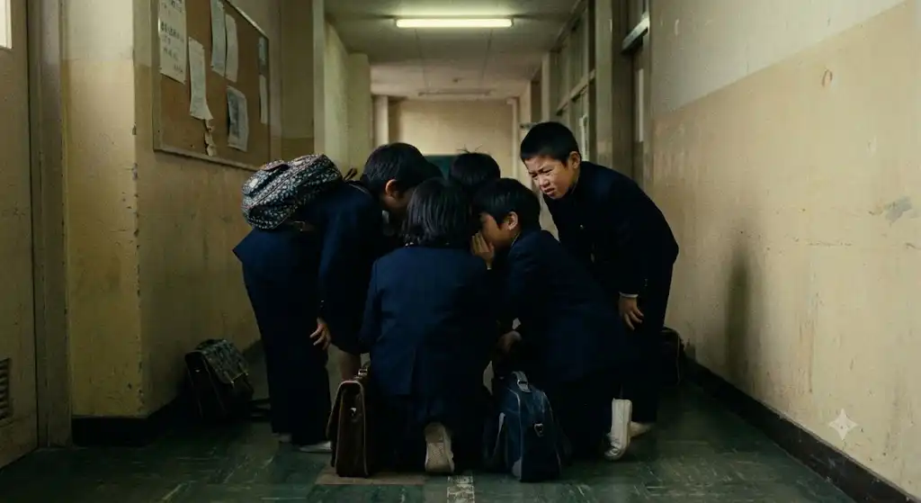 昭和の小学校の廊下で数人の子どもが円になって耳打ちしている情景。口裂け女の噂が伝言ゲームのように変形しながら広まっていく様子を表す