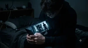 暗い部屋でスマートフォンの画面だけが光り、口裂け女のミーム動画が再生されている。現代SNS時代の都市伝説消費を象徴する情景。