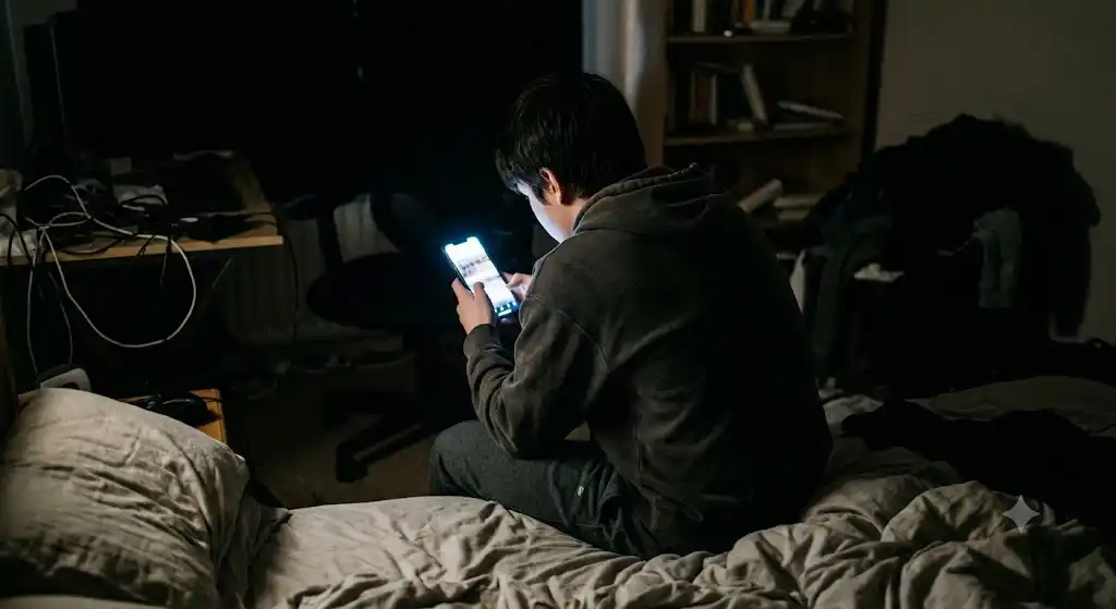 コメント欄が流れるスマートフォン画面を深夜に一人で見つめる人物の後ろ姿。笑いと不安が混在するSNS消費の孤独な情景。