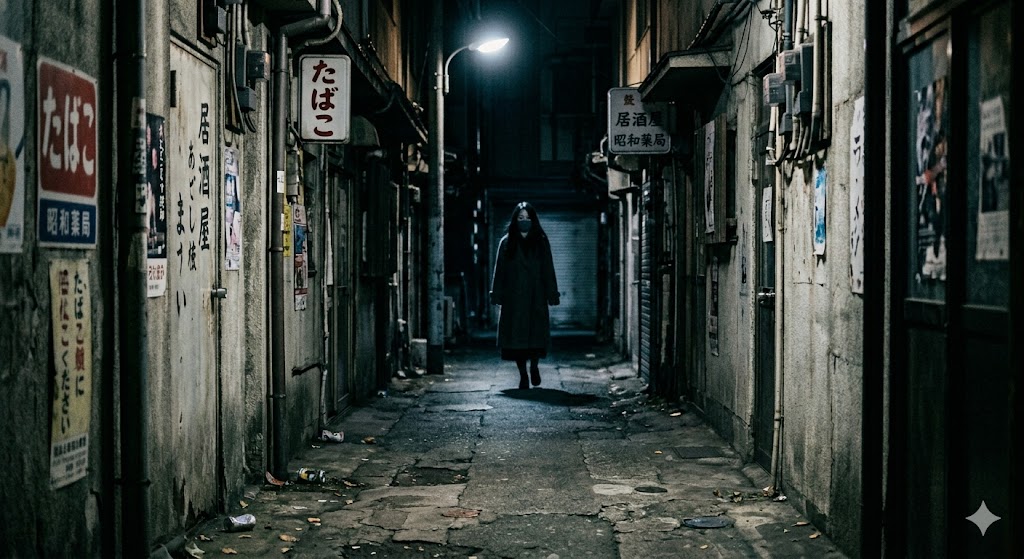 昭和の路地と白いマスク|口裂け女が生まれた夜 薄暗い昭和の夜道で街灯の光を受けながら歩く白いマスクの人影。口裂け女伝説の核心シーン。