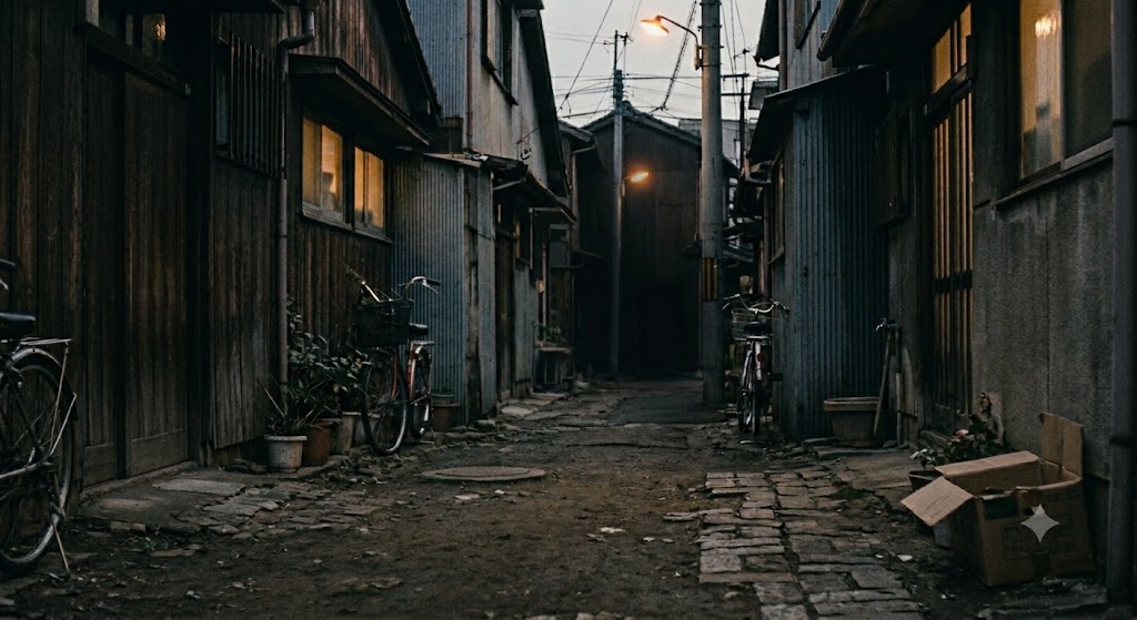 薄暗い路地の奥に立つ輪郭だけの人影。科学の説明が届かない余白を象徴する幻想的な構図。顔も特徴も判別できないまま、ただそこに存在している。