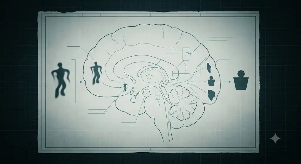 薄暗い路地の奥に立つ輪郭だけの人影。科学の説明が届かない余白を象徴する幻想的な構図。顔も特徴も判別できないまま、ただそこに存在している。