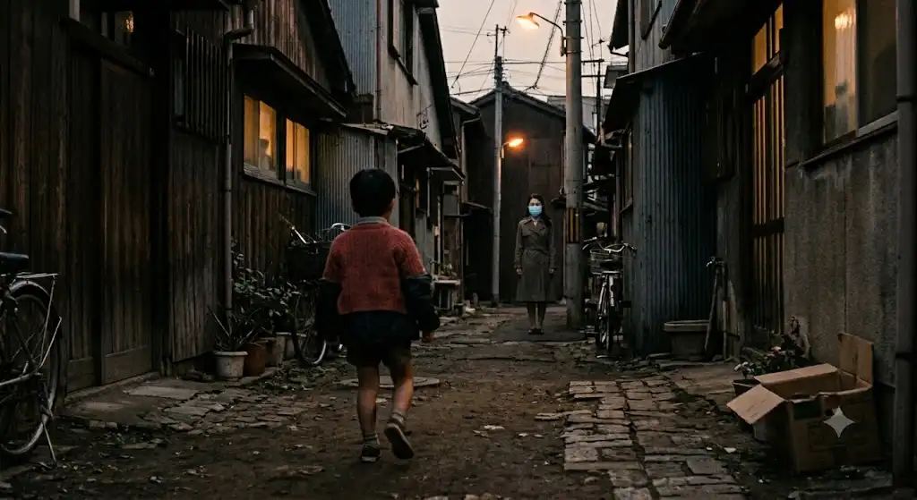 夕暮れの路地裏でマスクをした人物のシルエットを振り返る子どもの後ろ姿。恐怖と静寂が交差する昭和の住宅街の情景。