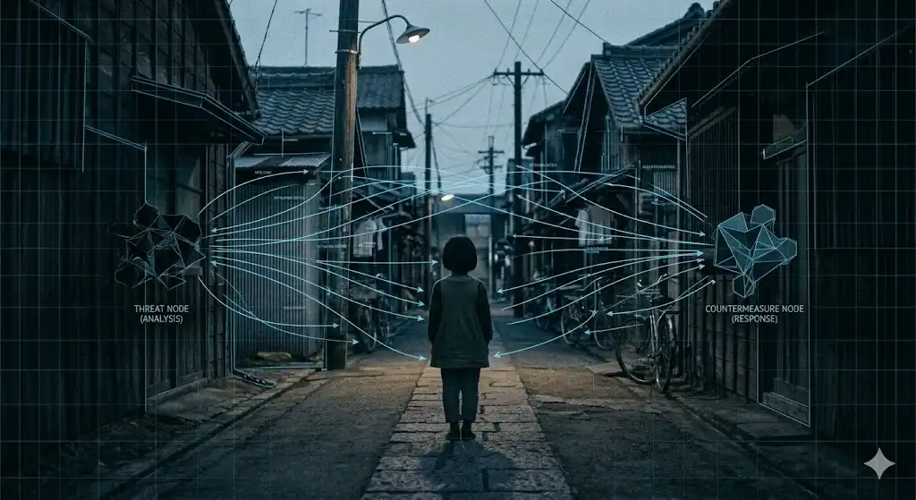 都市伝説における脅威と対抗手段の伝播構造を示す図解。口承文芸研究の視点から呪文の機能を分析したイメージ。