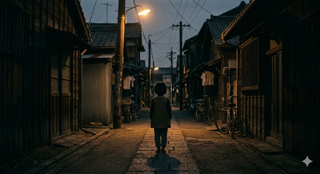 薄暗い昭和の路地で立ち止まる子どものシルエット。口裂け女の噂とポマードという呪文が交差する情景。