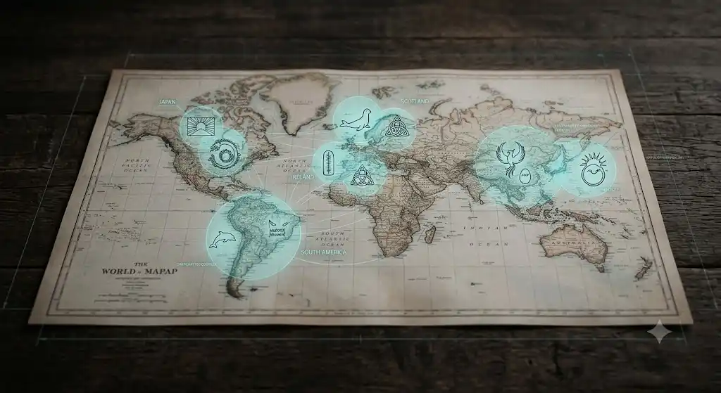 比較神話学が記録する口裂け怪異の世界分布図 世界地図上に点在する裂けた口の怪異の記録を示す構造図解、青い線でつながれた各地域の類型