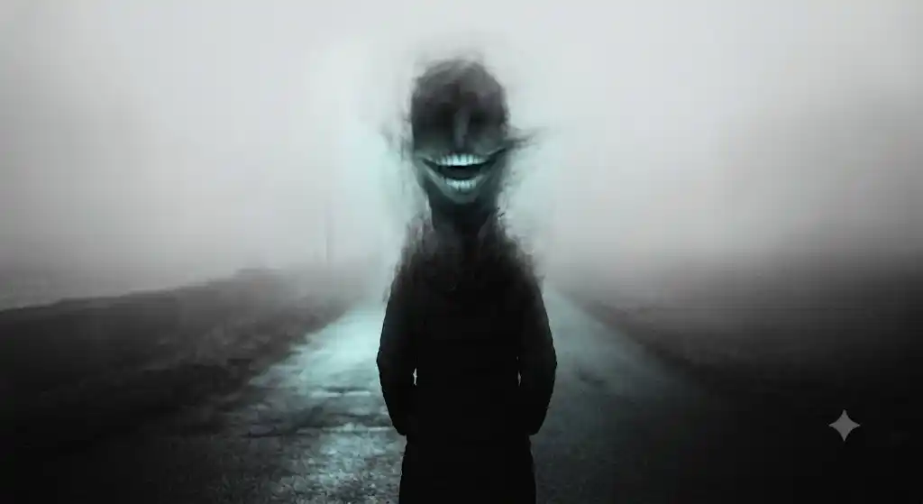 解体しきれない恐怖の輪郭 薄暗い霧の中、人の輪郭をした何かの口元だけが光を帯びて異様に広がって見えるシュールな情景