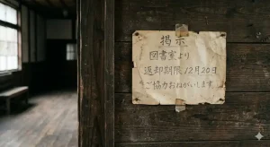 古い木造校舎の壁に貼られた色褪せた「七不思議」のポスター。土の匂いが漂うような懐かしい雰囲気。