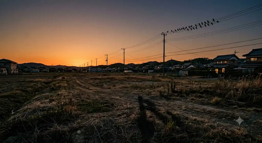 夕暮れ時のノスタルジックな空き地と遠くの電線に集まるカラス群の遠景