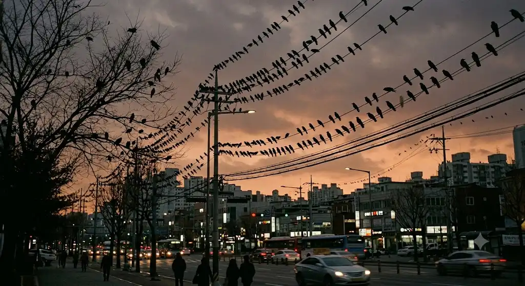 夕暮れの電線に集まり鳴き交わす大量のカラスの群れ、就塒前集合の光景