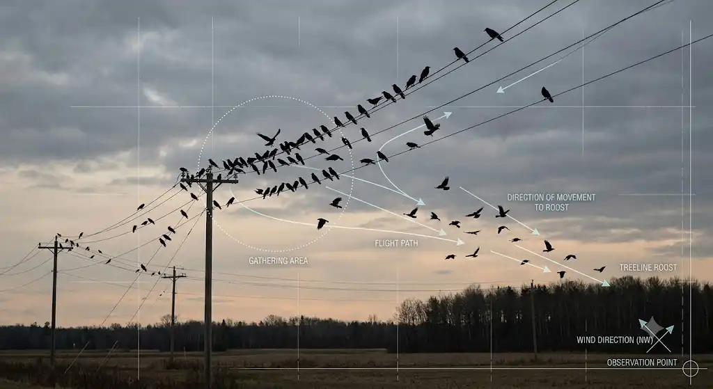 就塒前集合の仕組みを示す図解、電線に集まるカラスとねぐらへの移動経路