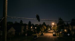 夜の住宅街の上空を飛ぶカラスのシルエット、暗闇に浮かぶ黒い鳥の姿