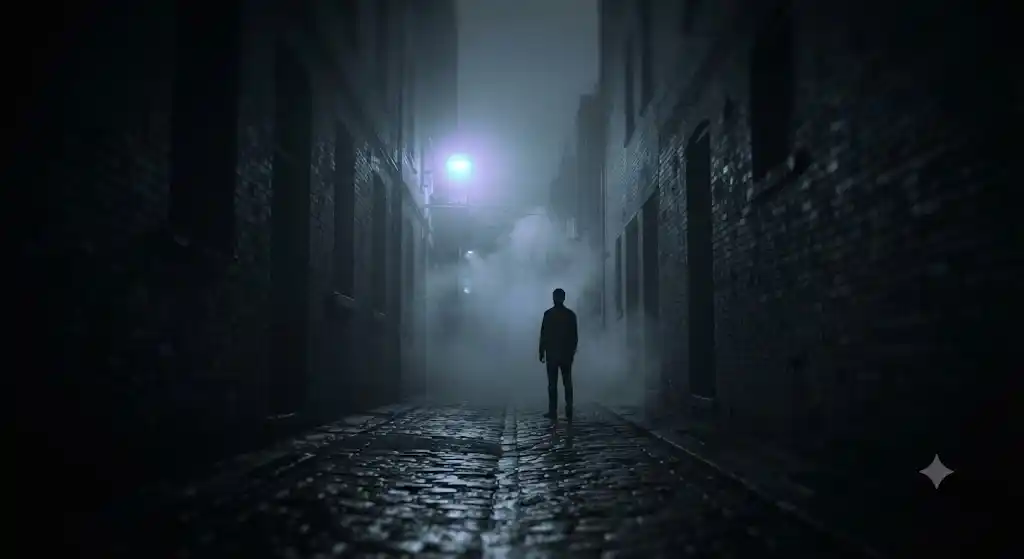 霧の路地に一人佇み解体しきれない懐かしさを象徴する情景