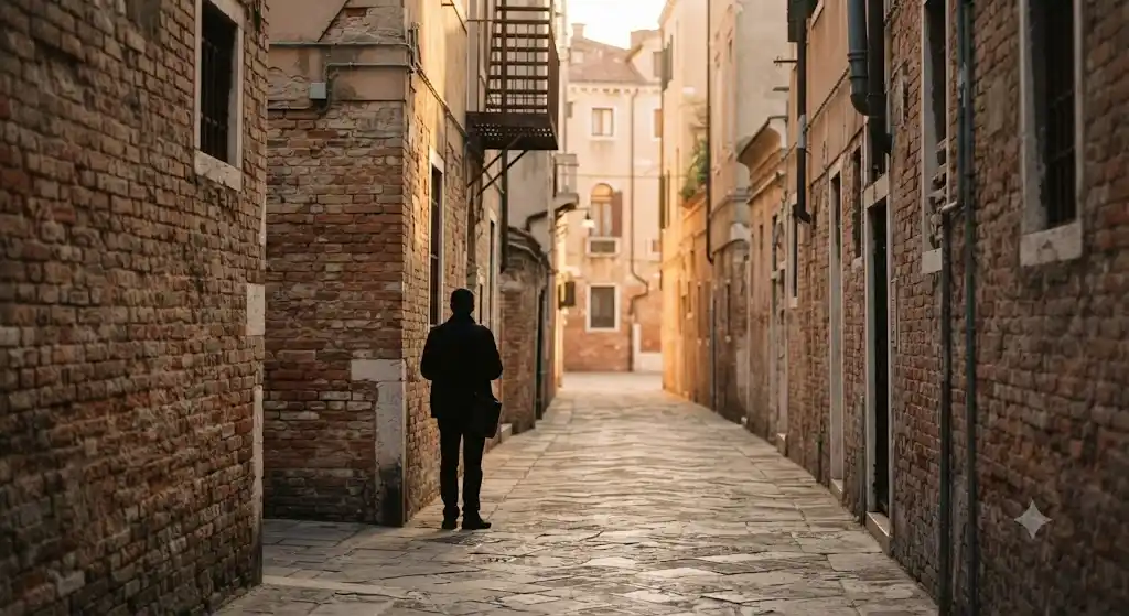 初めての路地で懐かしさに包まれる人物のシルエット