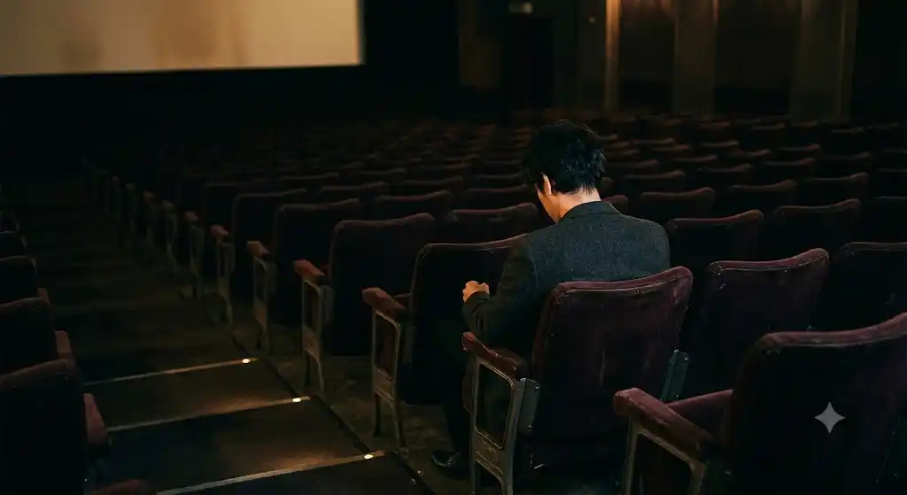 デジャブ 世界 解釈 文化を象徴する、映画館の座席に一人座る後ろ姿のシルエット