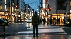 デジャブ 続く 原因を象徴する、見慣れた交差点で立ち止まる後ろ姿のシルエット