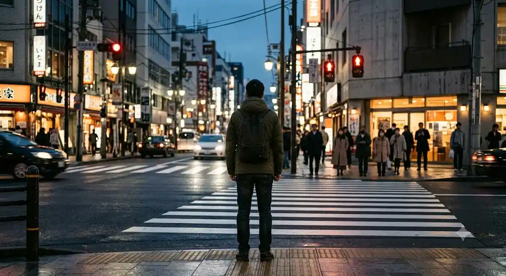 デジャブ 続く 原因を象徴する、見慣れた交差点で立ち止まる後ろ姿のシルエット